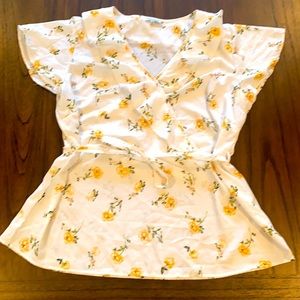 XXL, Mileage, White And Yellow, Ruffle, Wrap Shirt, With Tie Belt, NEVER WORN!!